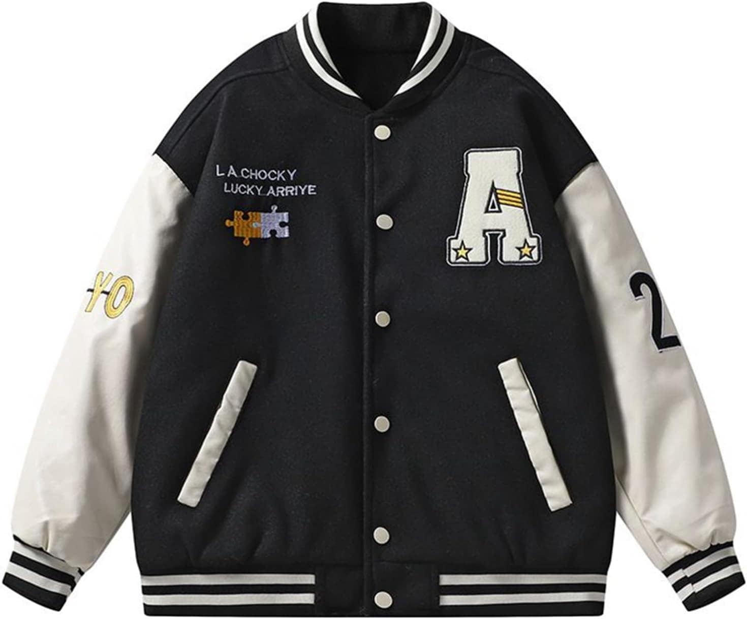 冬服 スタジアムジャンパー 中綿ジャケット メンズ カジュアル スタジャン 厚手 ラシャ アウター 防寒 防風 ユニセックス パッチワーク 刺繍 お洒落 ストリート 原宿系 大きいサイズ