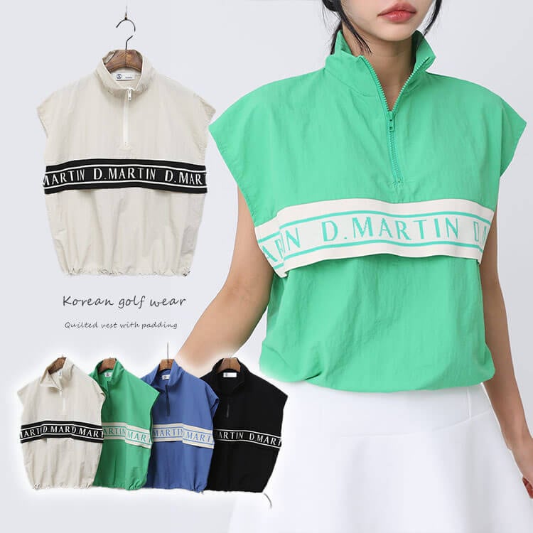 ゴルフウェア ベスト レディース 韓国 トップス 半袖 ノースリーブ ハーフジップ ロゴ ライン バイカラー 配色 スポーティ おしゃれ かわいい 体型カバー ゆったり 裾絞り 軽量 トレンド 春 夏