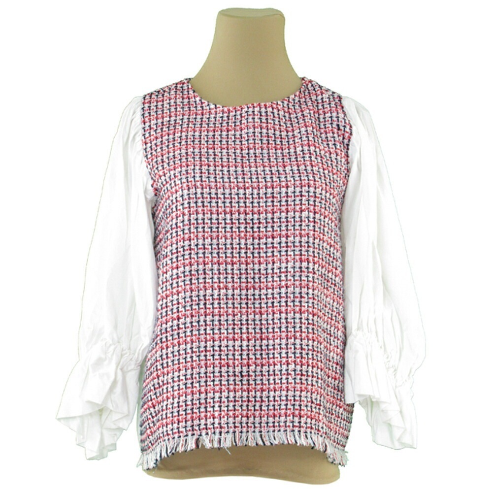 ブラウス レイヤード風 トップス ツィードコンビ レディース USA XSサイズ ホワイト 白 レッド ネイビー系 中古