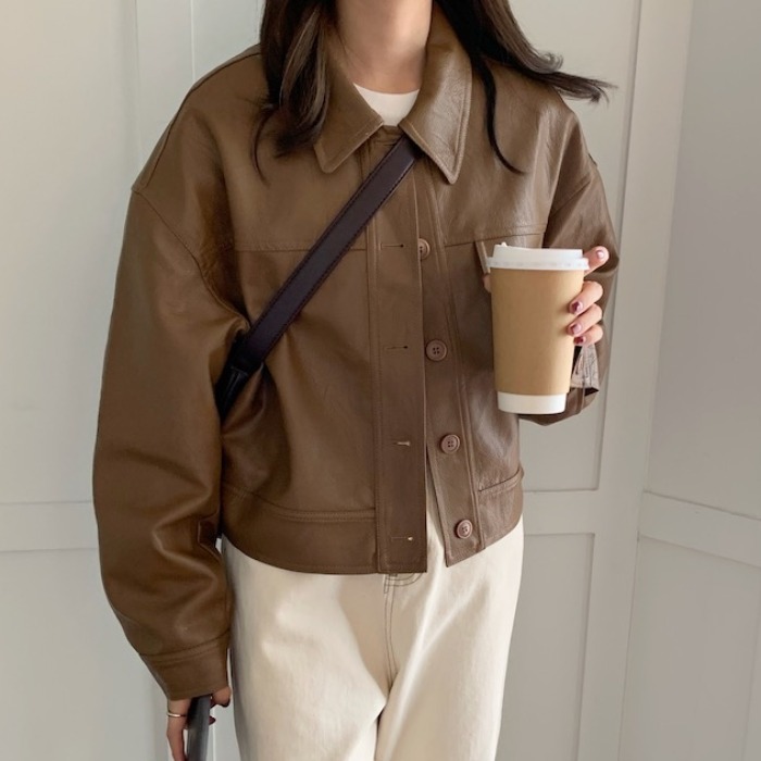 オーバーサイズ 胸フラップ フロントボタン フェイクレザー ブルゾン ジャケット ショート丈 長袖