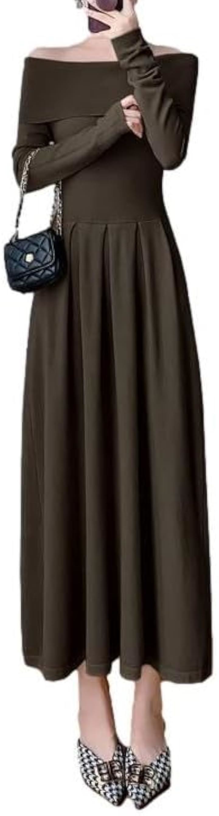 ロングニットワンピース オフショルダー レディース フィット＆フレア ハイウエスト 長袖 ボックスプリーツ コーディネート エレガンス 無地 春ワンピース エレガント(ブラウン, M)