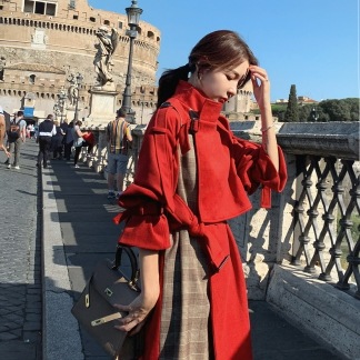 ロングコート アウター モダン ベージュ レッド 赤 ミドル丈 袖あり 長袖 スタンドカラー