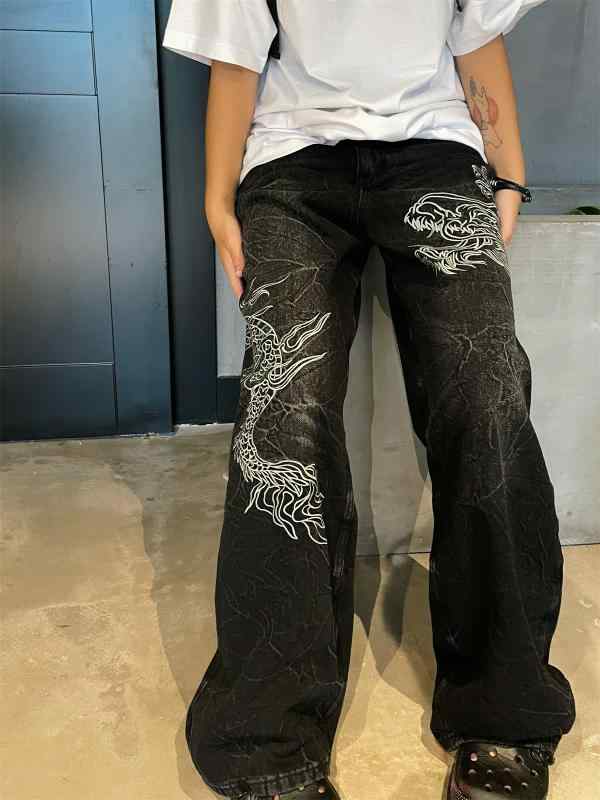 デニムパンツ レディース ジーンズ ダメージ プリーツ ウォッシュ 龍 刺繍 ドラゴン パターン ストレート ブラック