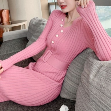 ニットロングワンピース ワンピース ニット ミモレ丈 袖あり 長袖 Vネック スリム タイト 細身