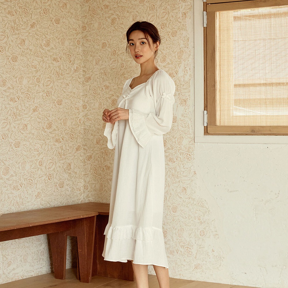 [サンフラン]レディース 二重ガーゼ ワンピース(長袖キャップ内蔵)可愛い 韓国 パジャマ