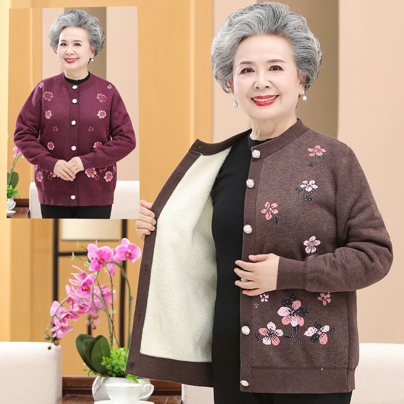 【短納期】ニット カーディガン レディース セーター ニット 裏起毛　大きいサイズ ブラウス 婦人 ニットセーター 花柄 前開きボタン ママ 50-70代 女性 コート 羽織り アウター おしゃれ 敬