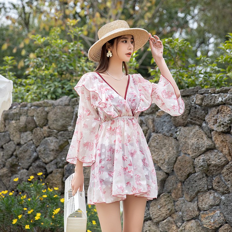 水着セット 3点セット ワンピース水着 スカート 長袖 日焼け防止 2023年 新作 フリル シフォン 韓国風 ガーリー水着 エレガント ラージサイズ バレンタイン 2023 プレゼント