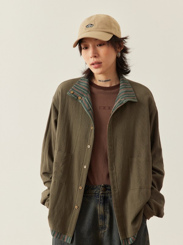 タコホーム ゆったり カジュアル リバーシブル 長袖シャツ レディース デザイン カラフル ボタン ストライプシャツ