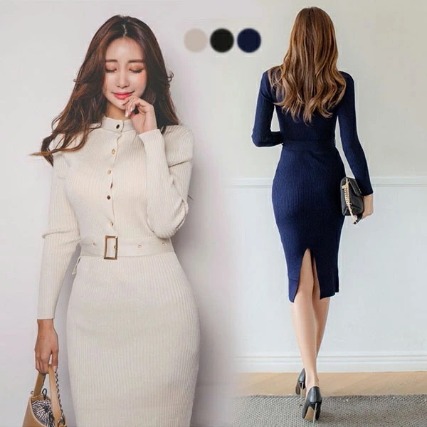ニットワンピ タイト 長袖 セクシー レディース 秋 冬 ニットワンピース デート服 ワンピース オフィスレディー 韓国風 きれいめ 20代 30代 40代 ベージュ ブラック ブルー フリーサイズ