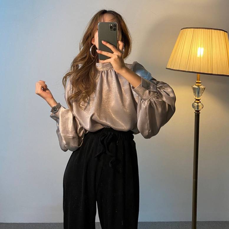 3color レディース ハイネックプルオーバー バルーン袖 サテンブラウス トップス シャツ ブラ