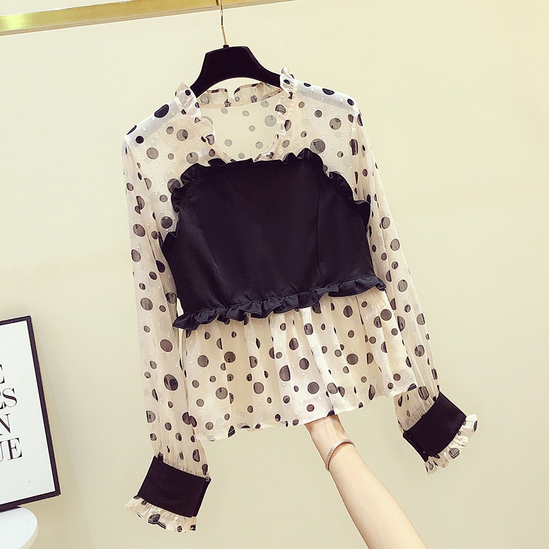 春秋ウェーブポイントVネックトップスガール長袖シフォンシャツ トップス シャツ ミディアム丈 長袖 Vネック ストレート フリル 伸縮性 大人可愛い きれいめ シンプル カジュアル 大人 お洒落