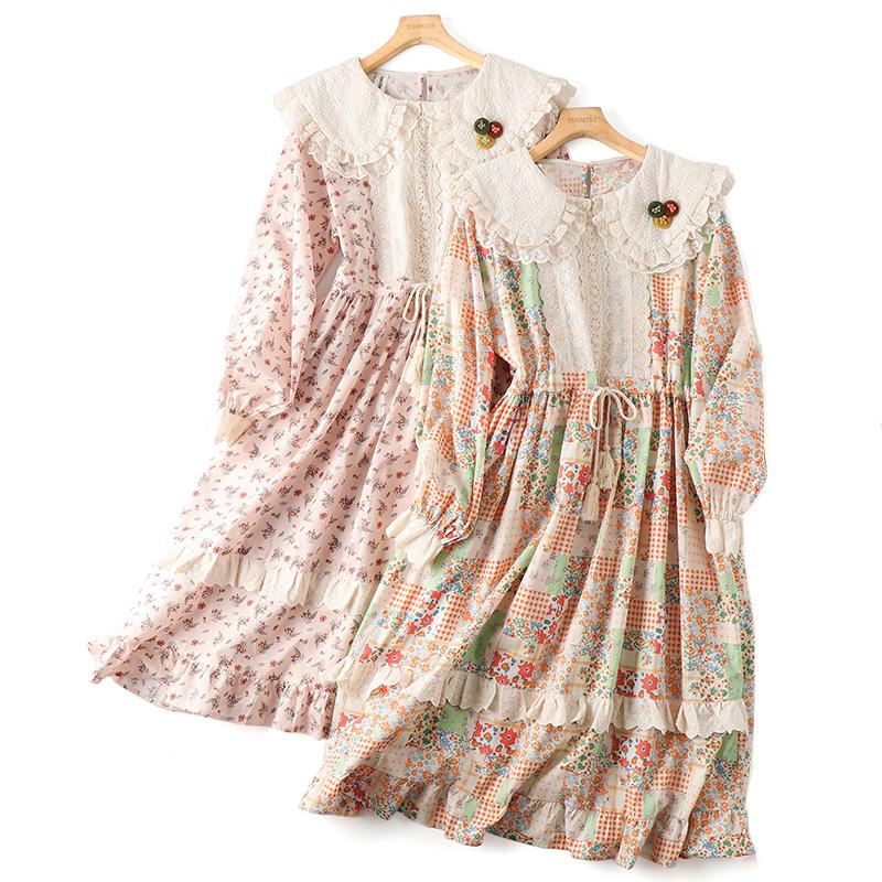 ワンピース 春 夏 大人可愛い プリントワンピース ドールカラー 長袖 ロングワンピース レース レトロ調 花柄モチーフ 小花柄