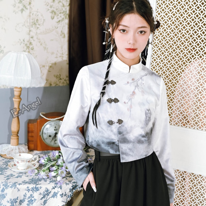 チャイナ風 トップス レディース ベルベット 猫 柄 ブラウス スタンドカラー オリジナル 金属チャイナボタン アシンメトリー