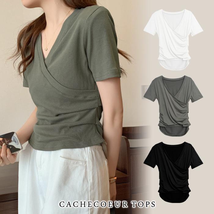 tシャツ レディース 黒 白 半袖 無地 チュニック ブラック ホワイト カーキ 代 30代 カットソー トップス カシュクール ギャザー