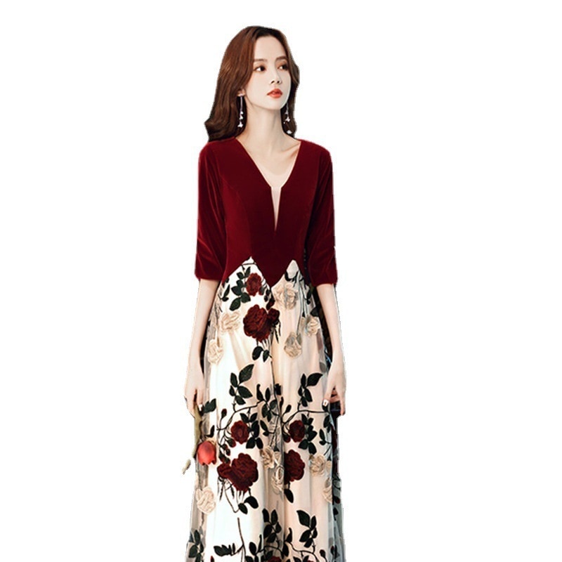 おしゃれ ロング ドレス パーティードレス 個性的 赤 花柄 袖あり バイカラー 結婚式 二次会 お呼ばれ フォーマル 演奏会 発表会　大人 大人可愛い-481