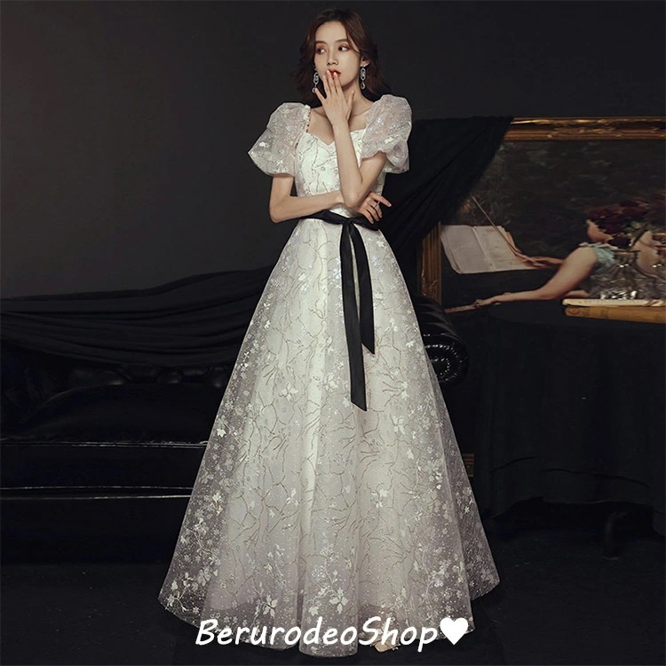 イブニングドレス ロングドレス パフスリーブ 花柄 オシャレ パーティードレス 白 エレガント 優雅 結婚式ドレス 二次会ドレス Vネック お呼ばれドレス