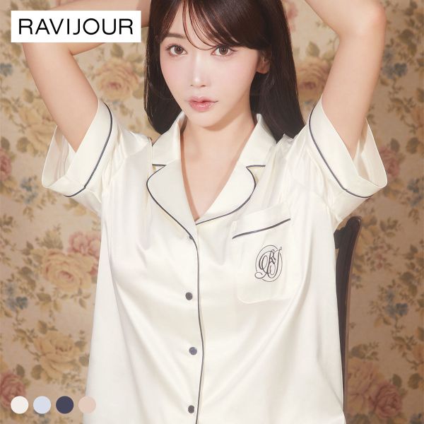 ラヴィジュール RAVIJOUR サテンシャツ ショートスリーブ セットアップ ルームウェア 半袖
