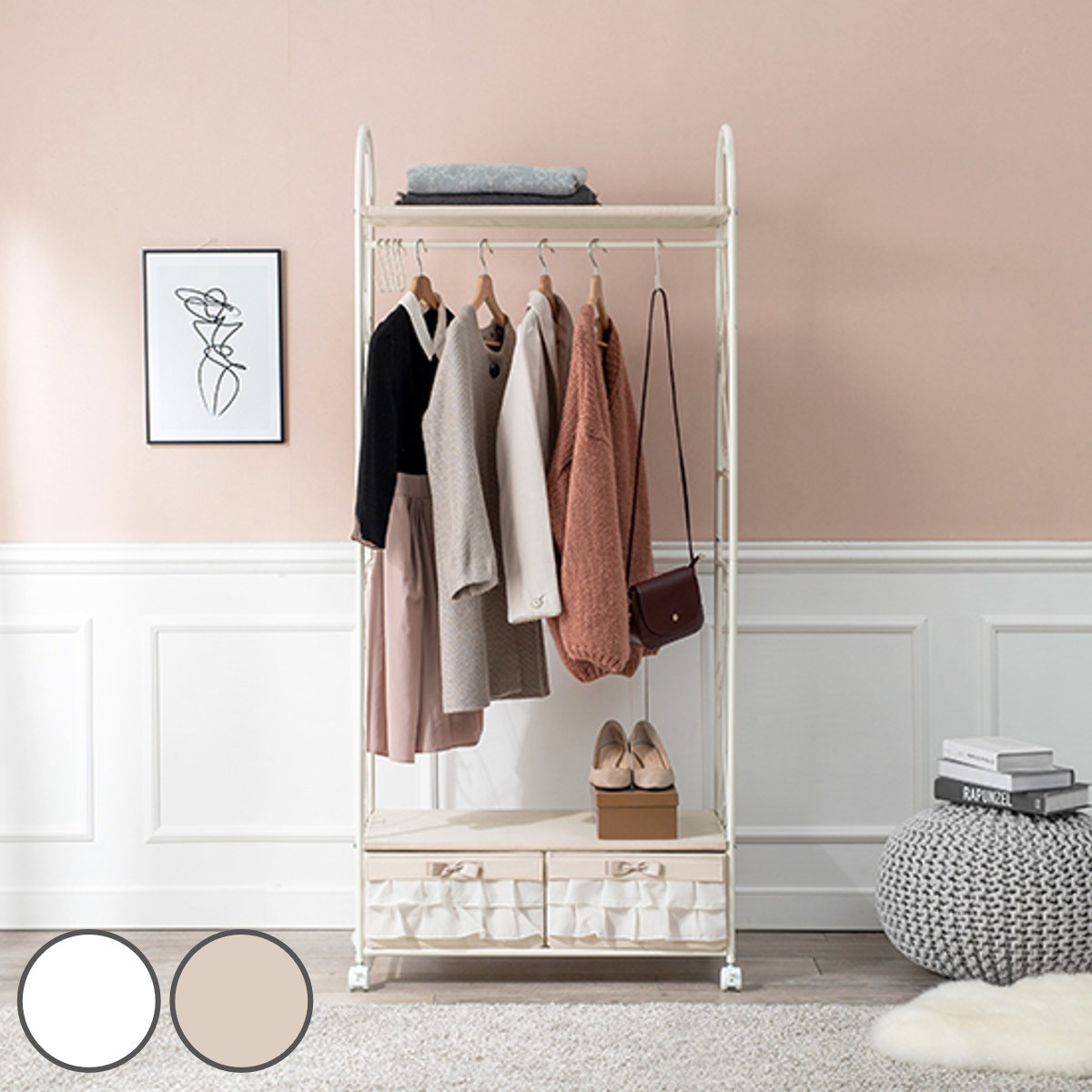 ハンガーラック ロートアイアン 姫系 収納ボックス付 1段2杯 幅75cm コートハンガー 衣類収納 収納 アイアン ラック おしゃれ クローゼットハンガー パイプハンガー コンパクト