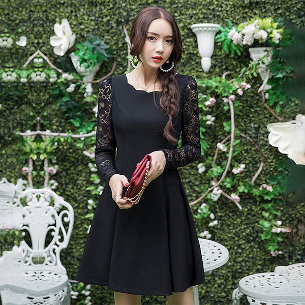 ミニドレス 黒 ぽっちゃり M-6L 大きいサイズ パーティードレス 長袖 袖あり ワンピース 黒 LSFS-112506 レディース 大人可愛い デートコーデ スカラップネック