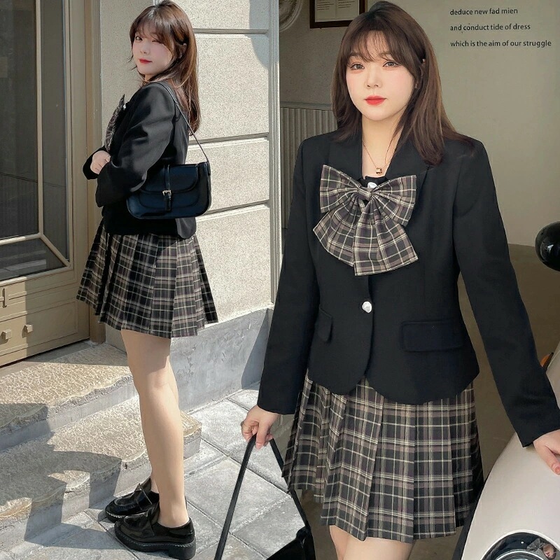 【短纳期】上下セット 制服 レディース 長袖 カジュアル 大きいサイズ 秋冬春 スカートスーツ 黒 ブラック 韓国風 トップス+スカート+蝶結び コスチューム衣装 スーツ コスプレ衣装 仮装 卒業式