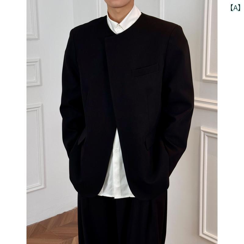 ビジネス　スーツ　ジャケット チャイナ風 高級 ラウンドネック ショルダーパッド スーツ ジャケット メンズ 春秋 カジュアル 婚約 襟なし