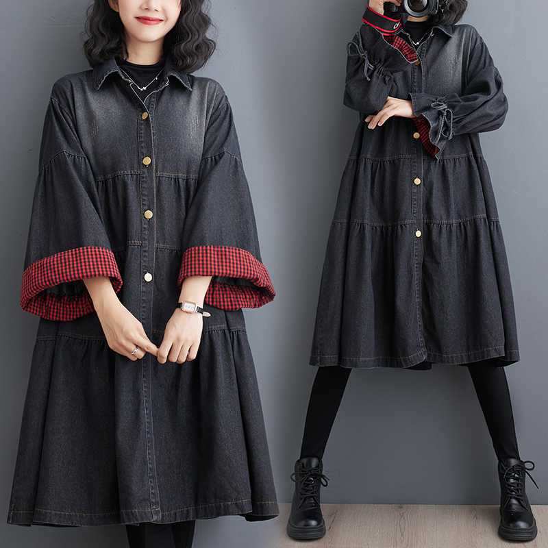 「ファットガール」 2024春新品 デニムワンピース フリル ミドル丈 レディース ワンピース