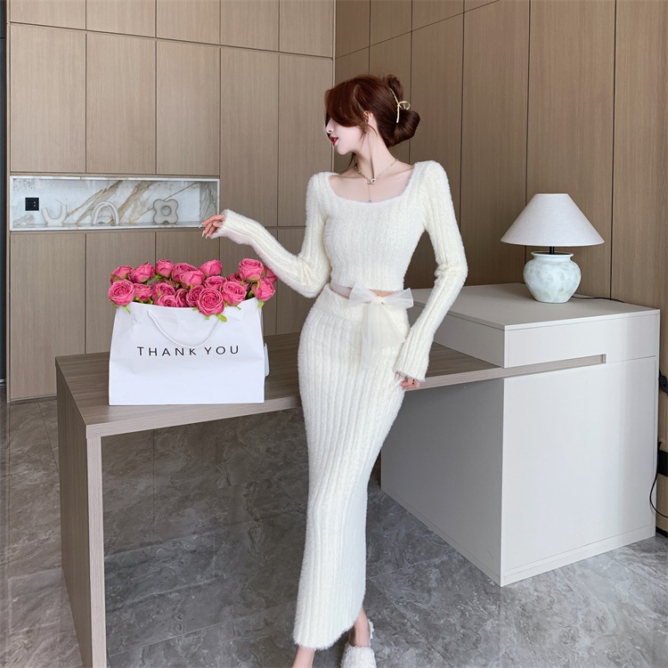 セットアップ ニットソー ロングスカート ショート丈 ロング丈 長袖 萌袖 ラウンドネック 襟なし スリム タイト リボン ウエストリボン もこもこ モコモコ ふわふわ ハイウエスト ニット