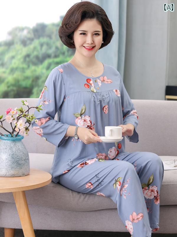 ルームウェア 部屋着 レディース 長袖 婦人 ミセス 高齢者 春秋 大きいサイズ コットンシルクパジャマ 夏 薄手 ツーピース スーツ ホーム 服