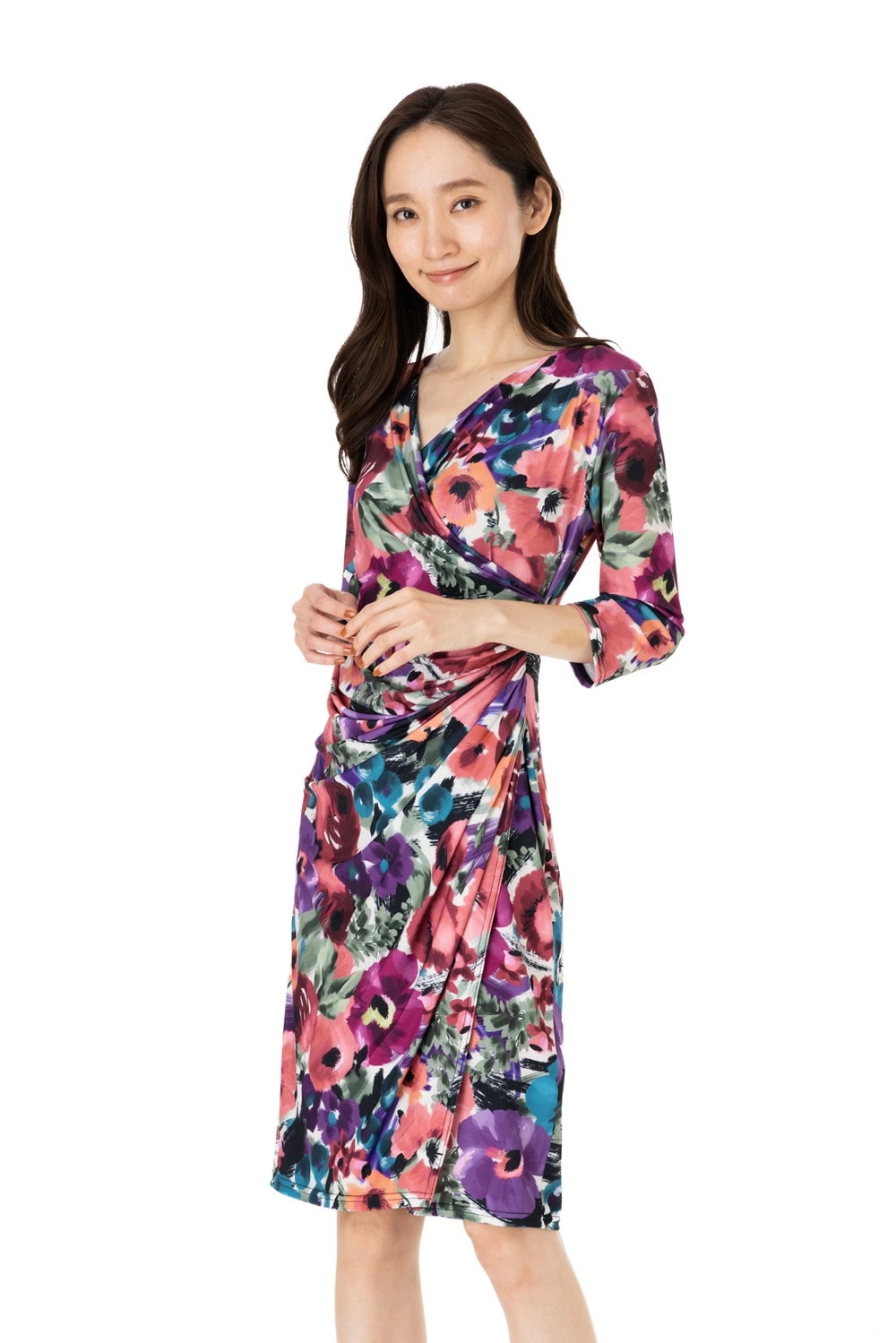 エジェリ(EGERIE)ワンピース T1 T2 T3サイズ 七分袖 膝丈ワンピース 花柄 カシュクール ジャージー素材 レディース マルチ