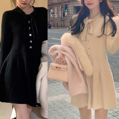 【急速出荷 2025年新作】量産型 ニット ワンピース 韓国 量産系 地雷系 冬 レディース ニットワンピース 切替ワンピース 無地 リボン 秋 長袖 ショート丈 可愛い シンプル ゆったりめ 上品