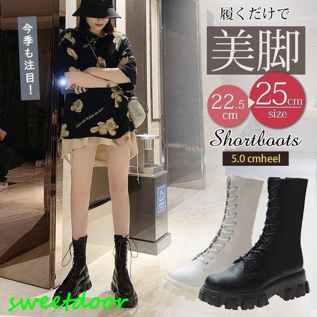 ブーツ厚底ミドル丈サイドジップミドルヒール歩きやすいレディース春秋レースアップブーツミドルブーツ靴シューズ