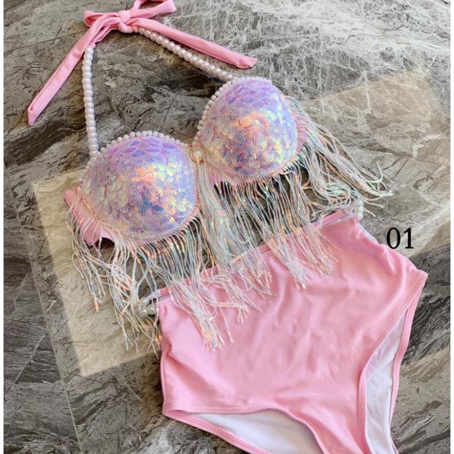 手作り ビキニ セパレート 水着 人魚姫 三角形 ビキニ セット スパンコール 貝殻 パール レース フリンジ きらきら 水着 ブラジャー 人魚姫 コスチューム 大人 c30%までに制限