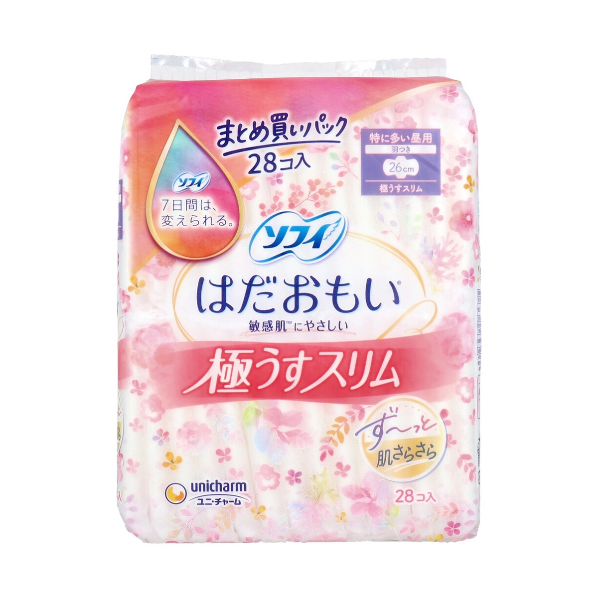 生理用ナプキン ユニ・チャーム はだおもい 極うすスリム 特に多い昼用 羽つき 26cm 28個入り X6パック
