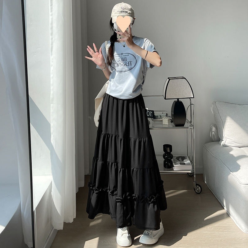 【1つ買うと10つ無料】女子ブラックケーキスカート2025春と秋の夏ハイウエスト小さなミディアムレングススカートトレンディ