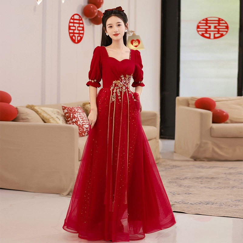 妊娠中の女性花嫁バーガンディ服2025秋と冬のドレスバンケットドレスバンケットエンゲージメントドレス