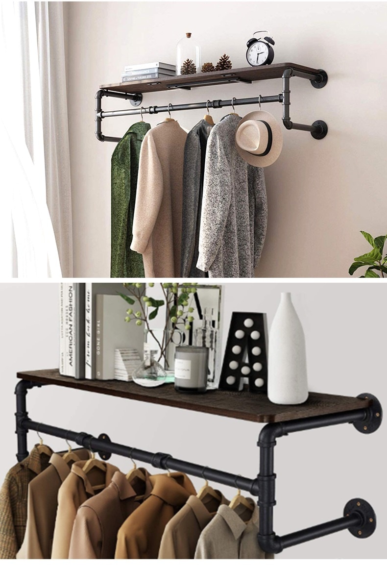 【2枚購入で1oo円OFF】ハンガーバー 壁付け 棚 木製 ハンギングバー ハンガーパイプ ウォールシェルフ ハンガーラック クローゼット 収納 室内物干し金物 洗濯物干しハンガー