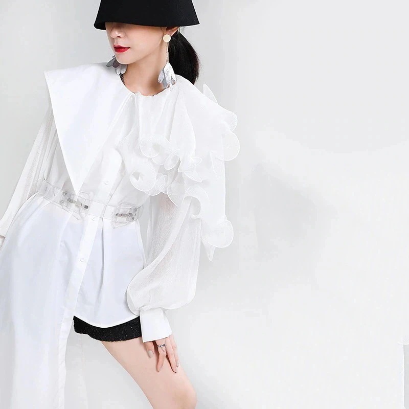 シャツ カシミヤタッチ ファション 不規則 長袖 ワイシャツ リネン素材 日焼け防止 レディース ブラウス 【ワンピ風！！】 体型カバー ベルト付き 薄フリル レトロ 紫外線対策