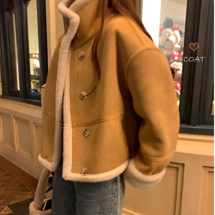 防寒 あったかアウターック韓国風コートスタイルアップかわいいブルゾンファー付きファッション系裹起毛大人ゆったりカジュアルストリートサイズレディースムートン襟ショート シルエット学生通学丈