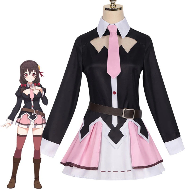この素晴らしい世界への神の祝福,yunyunコスプレ衣装,トップドレス,蝶ネクタイ,帽子,ベルト,ストッキングセット,新しいキャラクター