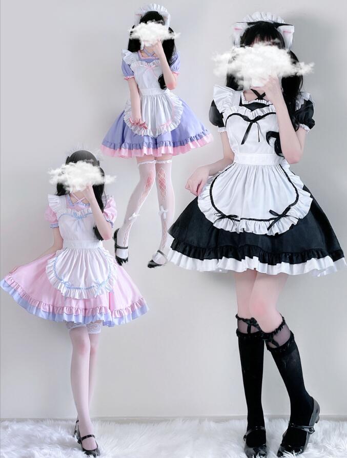 迅速な出荷 可愛いロリータコスプレ衣装 メイド服 メイドcos 3点セット 半袖 膝丈 ショート丈 萌え萌え ロリータ メイド服 エプロンドレス カフェ 喫茶店 クラブ メイド 制服 ユニフォーム