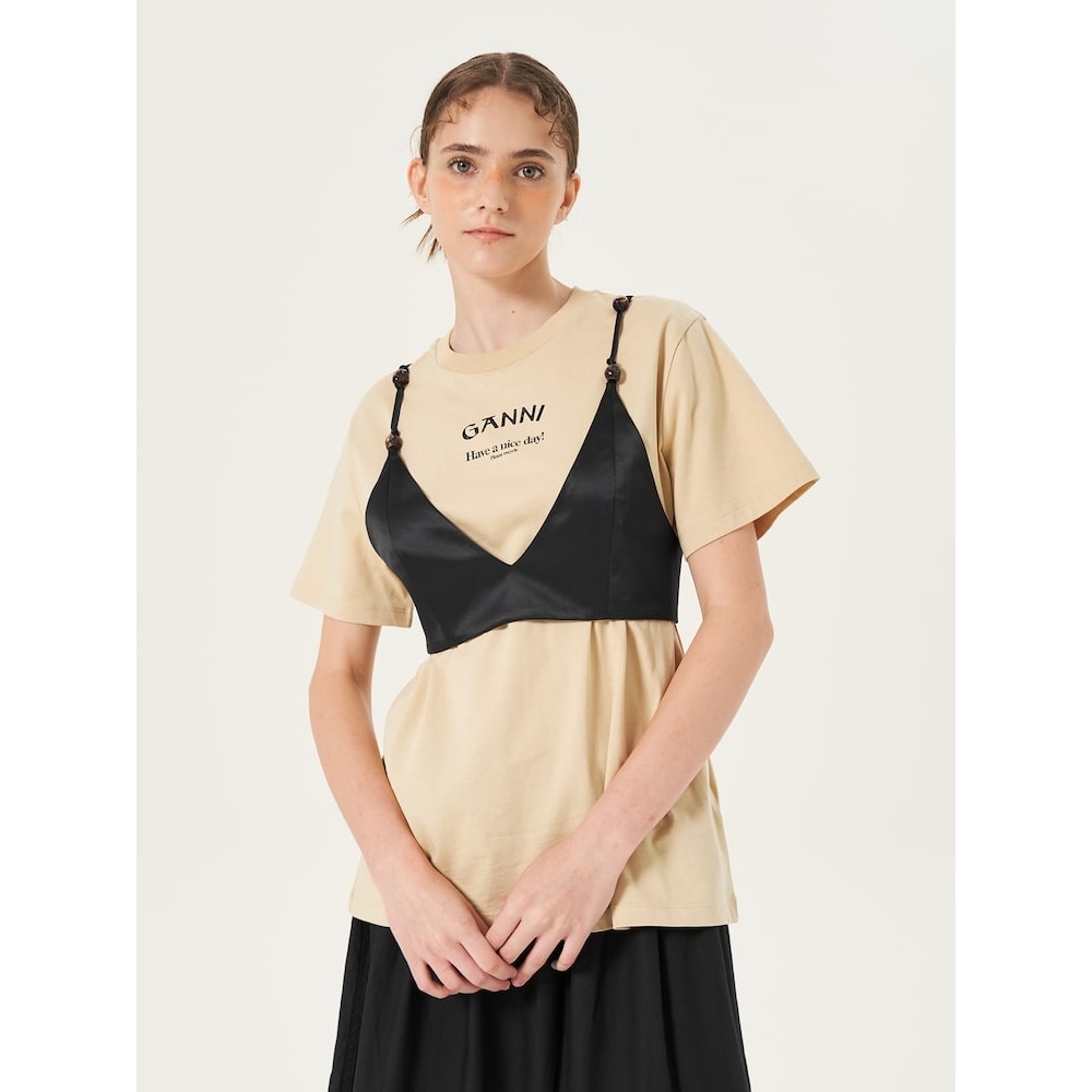 GANNI ダブルサテントップ-ブラック FW23/QN3660R045