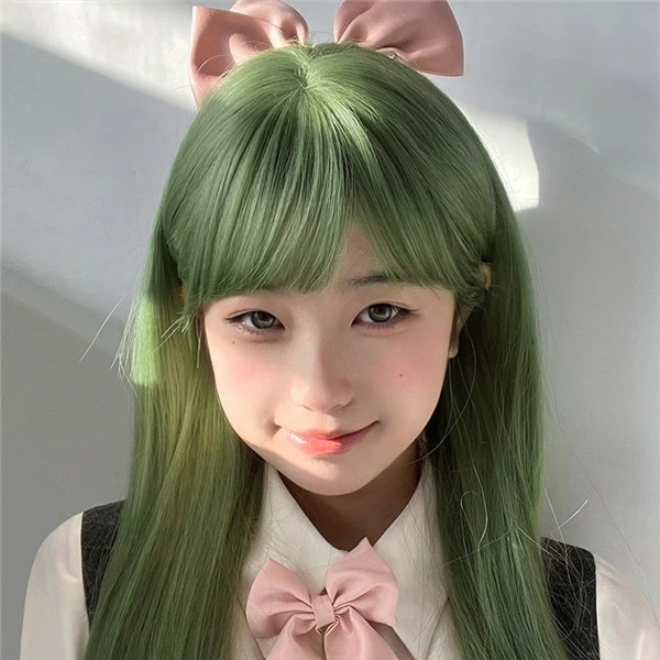 ウィッグ ロリータ 原宿風 ロングウィッグ かつら ぱっつん前髪 グリーン レディース コスプレ コスプレウィッグ 可愛い 長髪 ロング 耐熱ウィッグ コスチューム 仮装 大人 自然 ナチュラル イベ