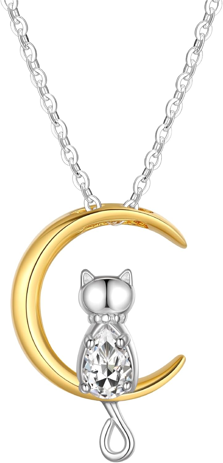 誕生石ネックレス猫と月のペンダントチェーン調整可能ギフトボックス付き