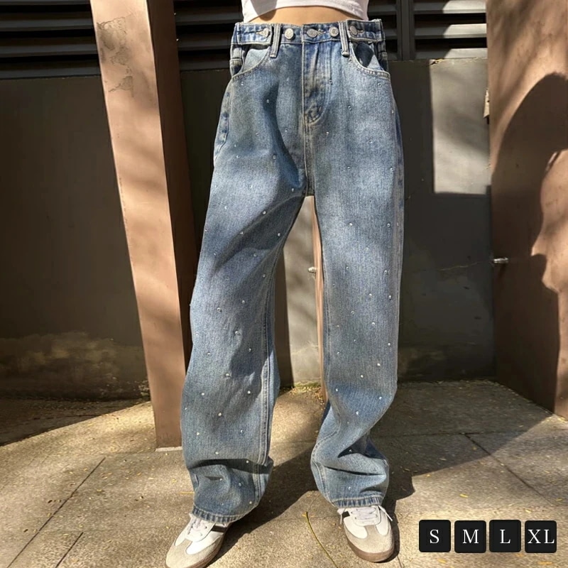 ビジュー付きデニムワイドパンツ デニムパンツ ウエストボタン調整 ビジュー付き ワイドパンツ デニム レディース ジーンズ パンツ ラインストーン キラキラ ハイウエスト