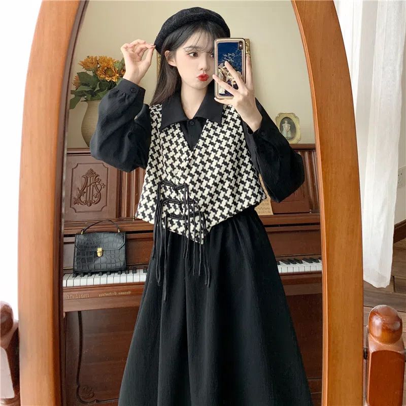 ワンピースベスト+ワンピース秋女性のしいファッレディースションレトロ2つのセット30%までに制限