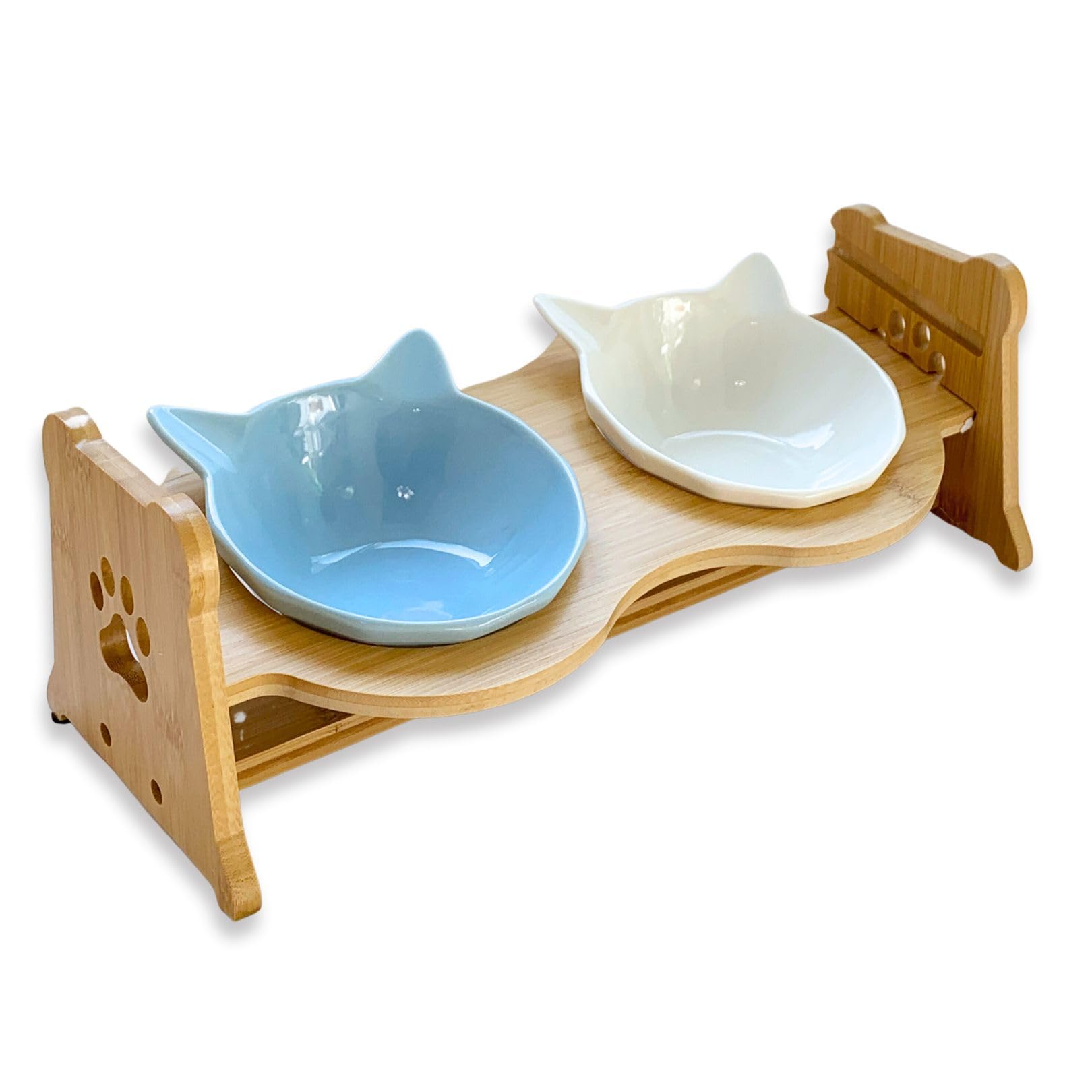 cat mom 組み立て不要 猫 陶器 食器 スタンド付 4色展開 ダブル 餌入 食べやすい フードボウル 猫用 犬用 高さ調節 傾斜 食器台 餌台 すぐ使える ミルクソーダ（ホワイト＆ブルー）