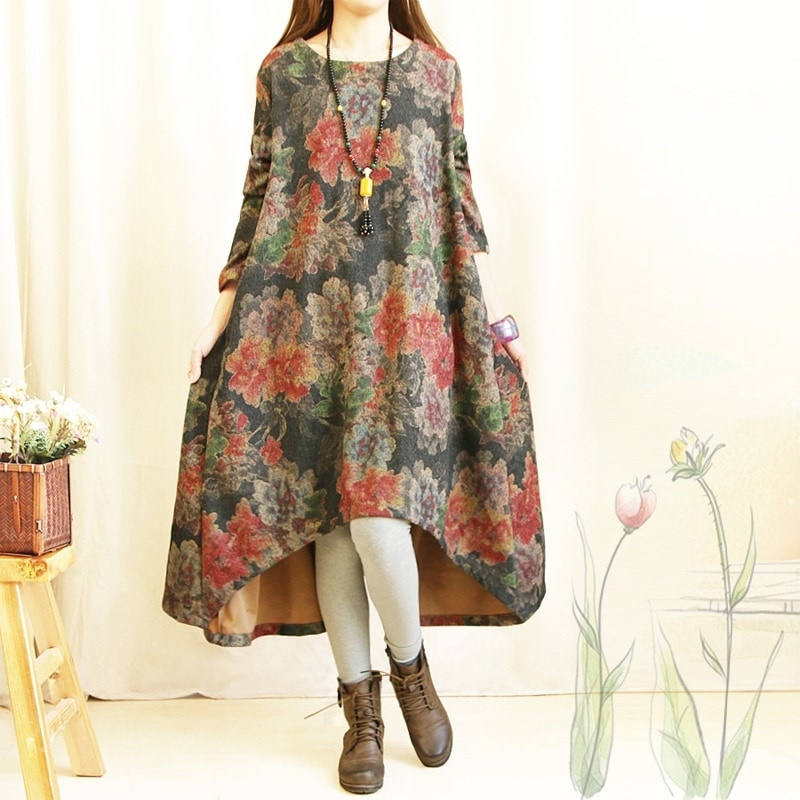 1154．花柄レトロイレギュラーヘムワンピース