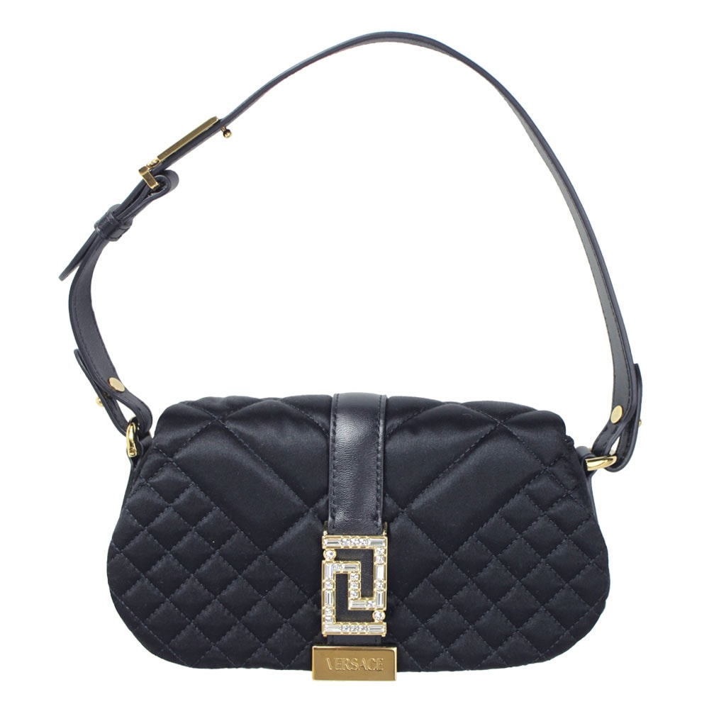 セミショルダーバッグ グレカ ゴッデス クリスタル装飾 キルティング サテン ブラック 1010951 1A08808 1B00V