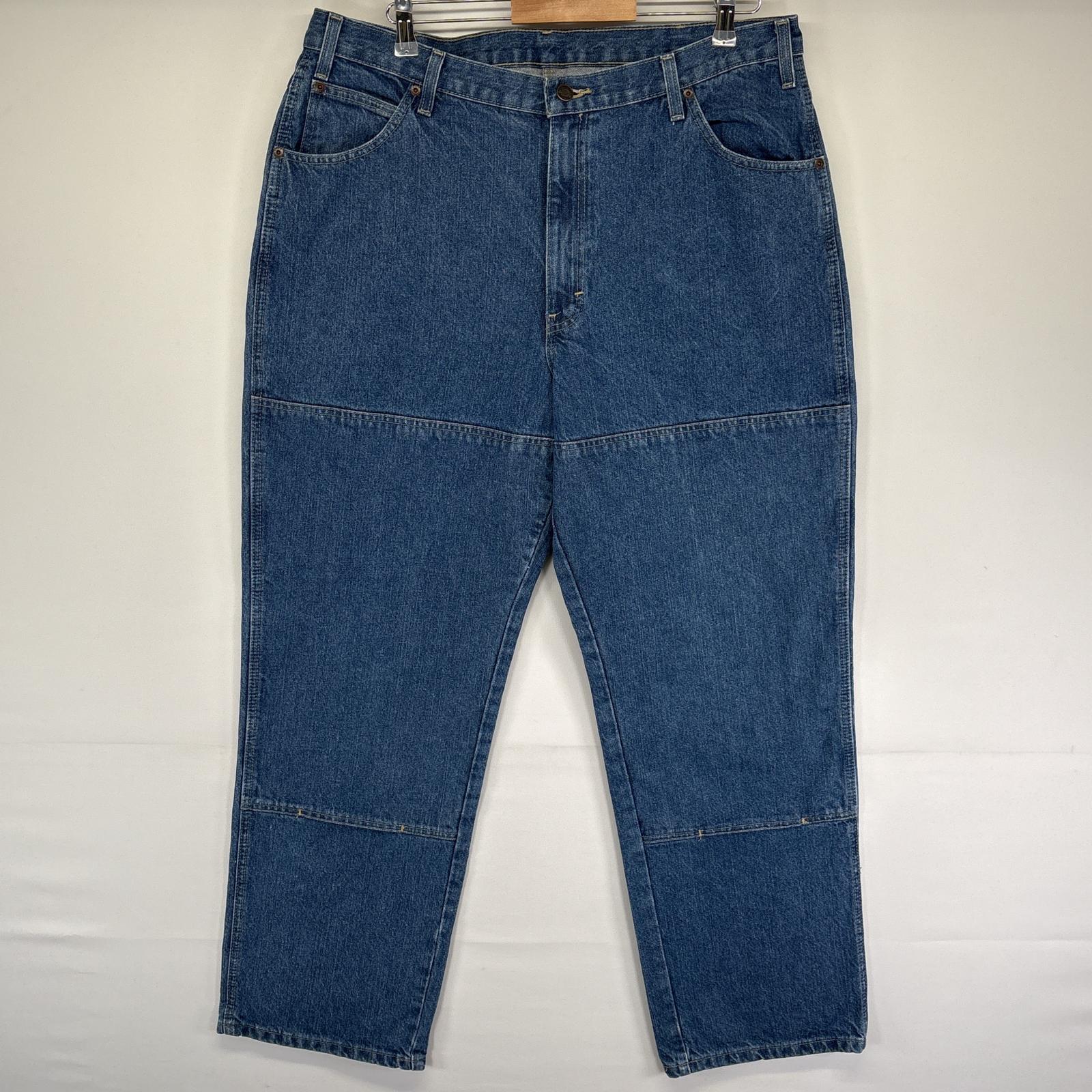 古着 デニムパンツ ワークパンツ バックポケット ジッパーフライ ダブルニー ボタンフライ w38 L32 ブルー メンズ