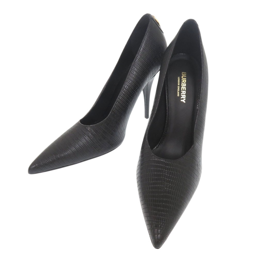 未使用品 ヒール パンプス 型押しレザー ブラック 0952【中古】 レディース